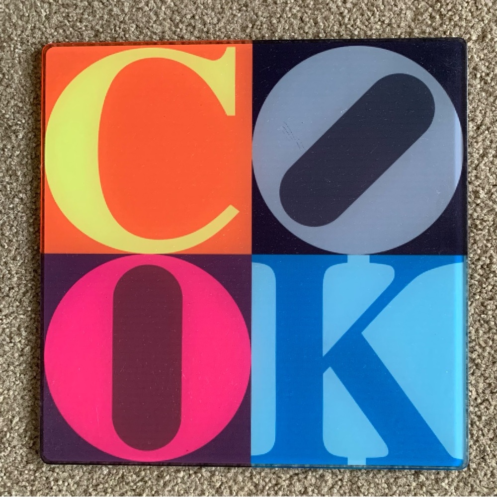 Joseph Joseph Glass Cutting Chopping Board UK “COOK” Quirky Colorful 12x12”
